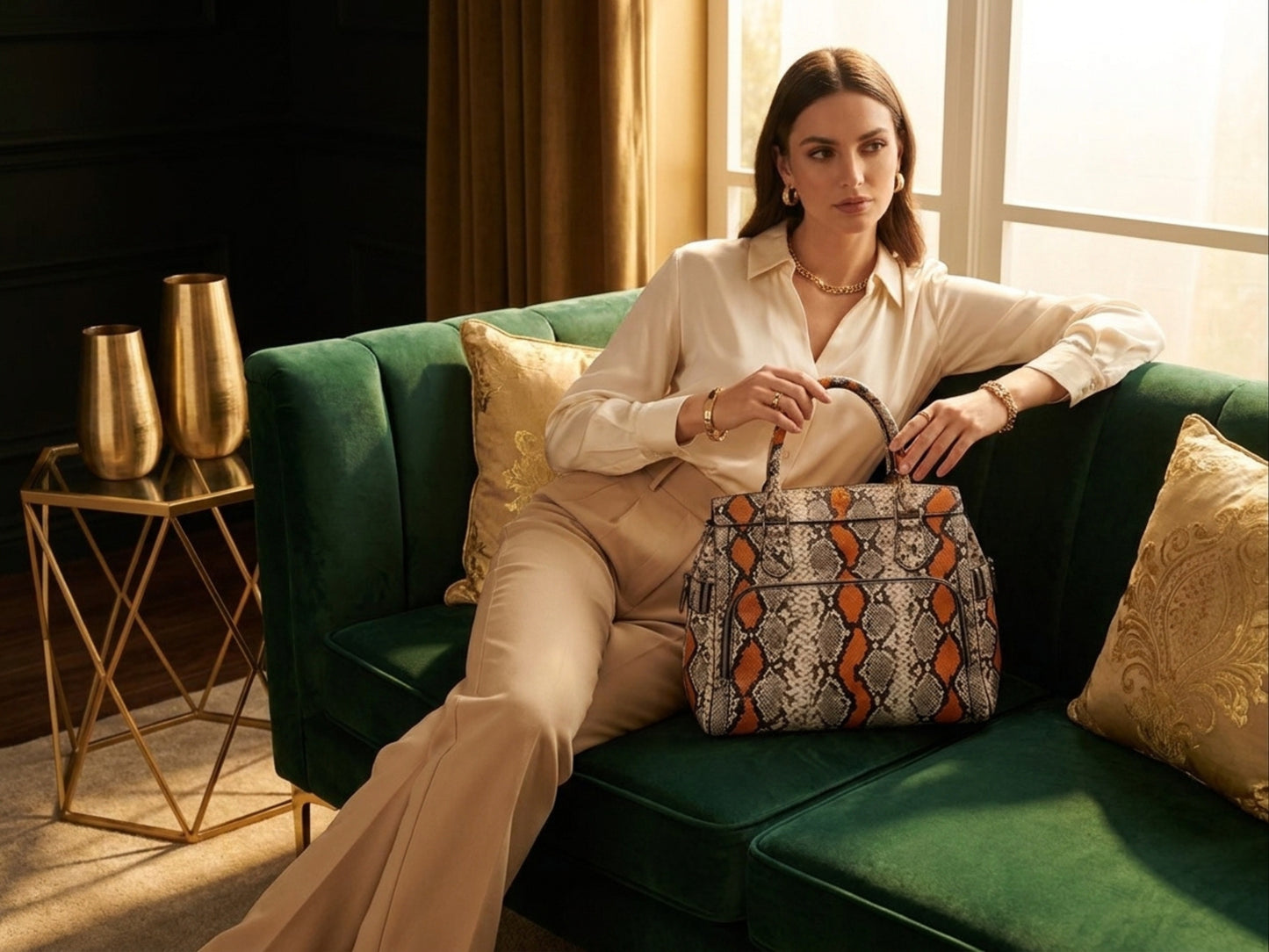 Orange Python Snakeskin Leather Satchel Tote