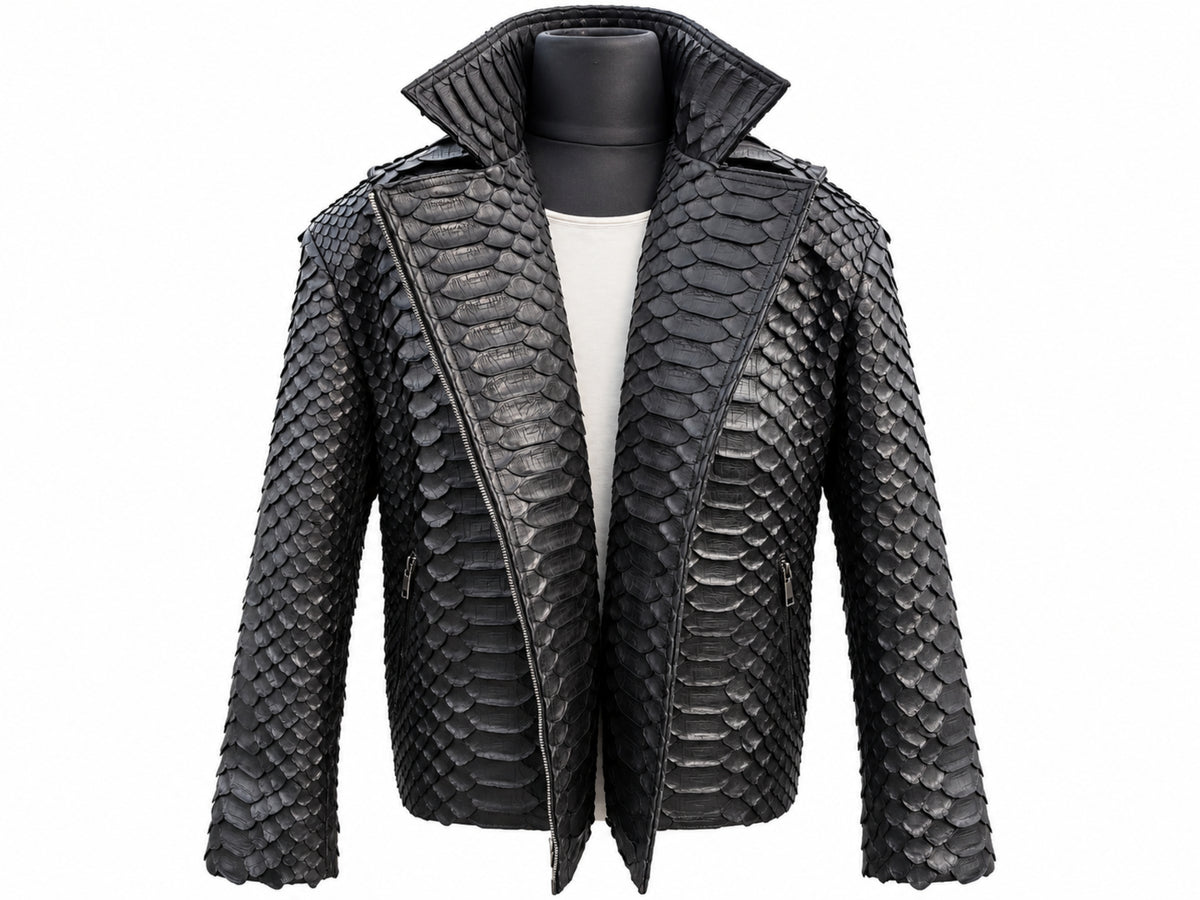 Genuine Python Snakeskin Motorcycle Jacket | Black King Scales