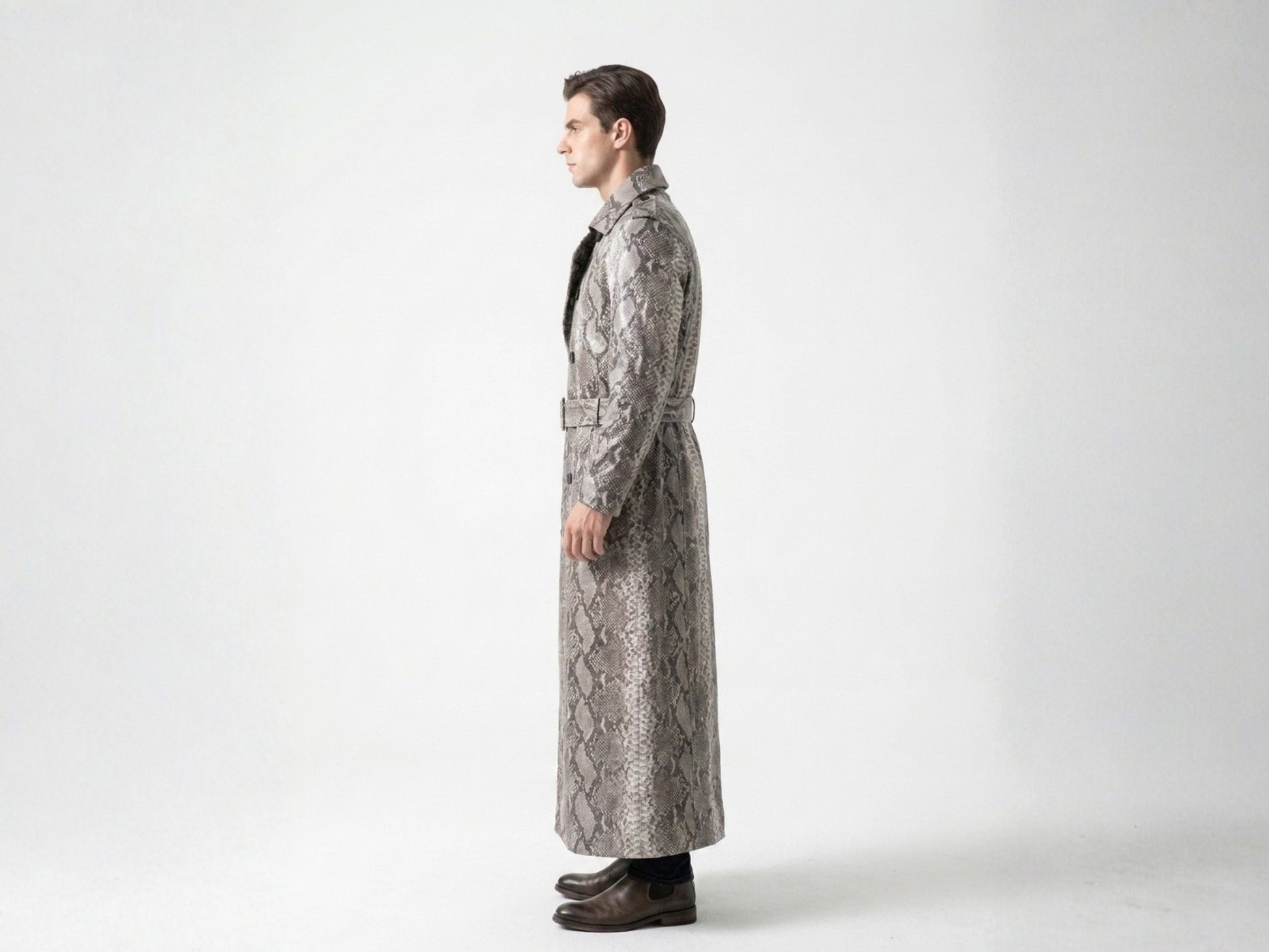 Natural Gray Python Snakeskin Long Trench Coat