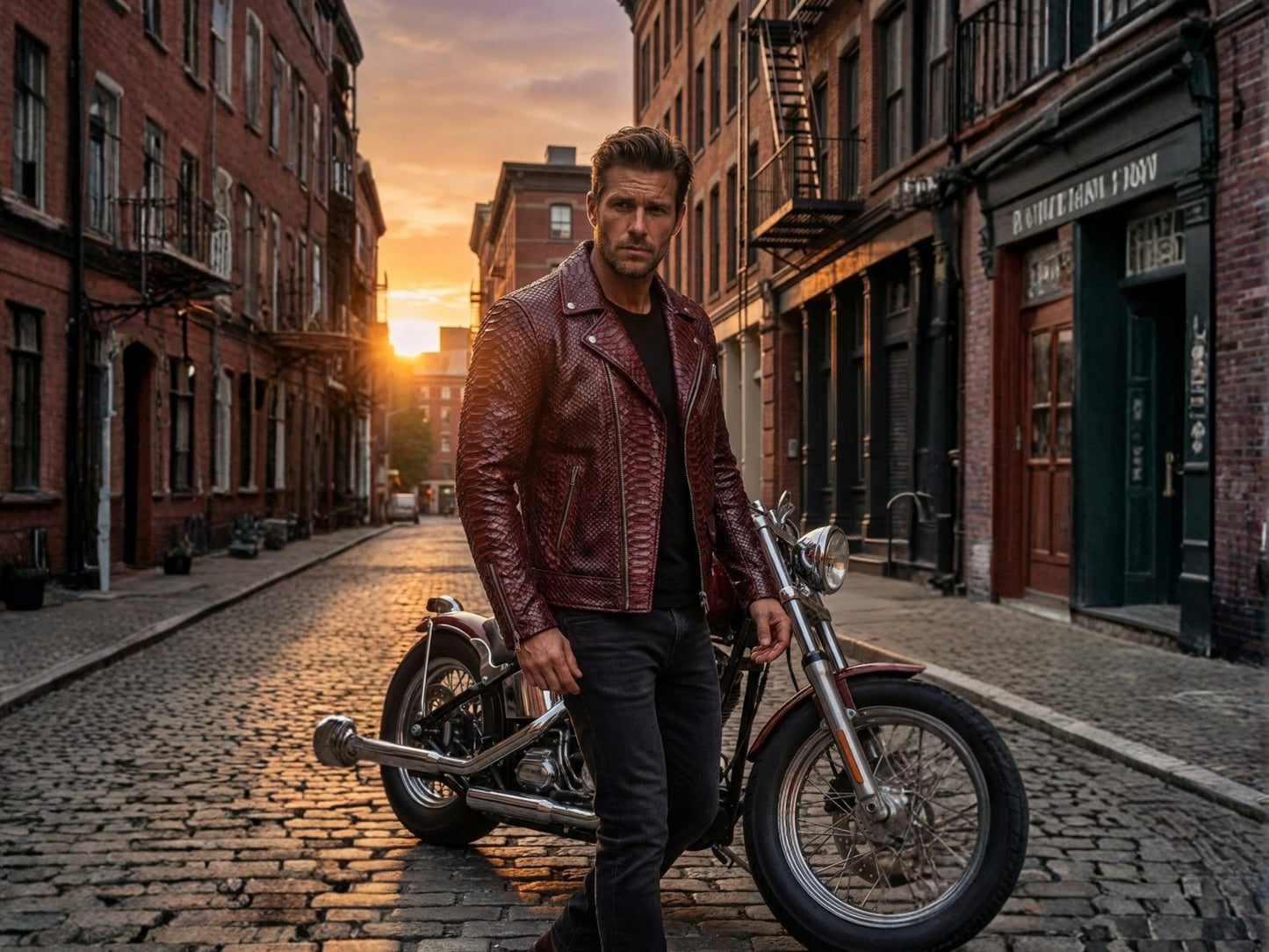Genuine Python Snakeskin Leather Biker Jacket: Luxury Burgundy Exotic Motorcycle Jacket for Men