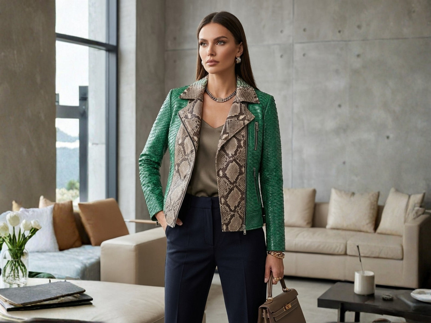Green Python Snakeskin Leather Jacket