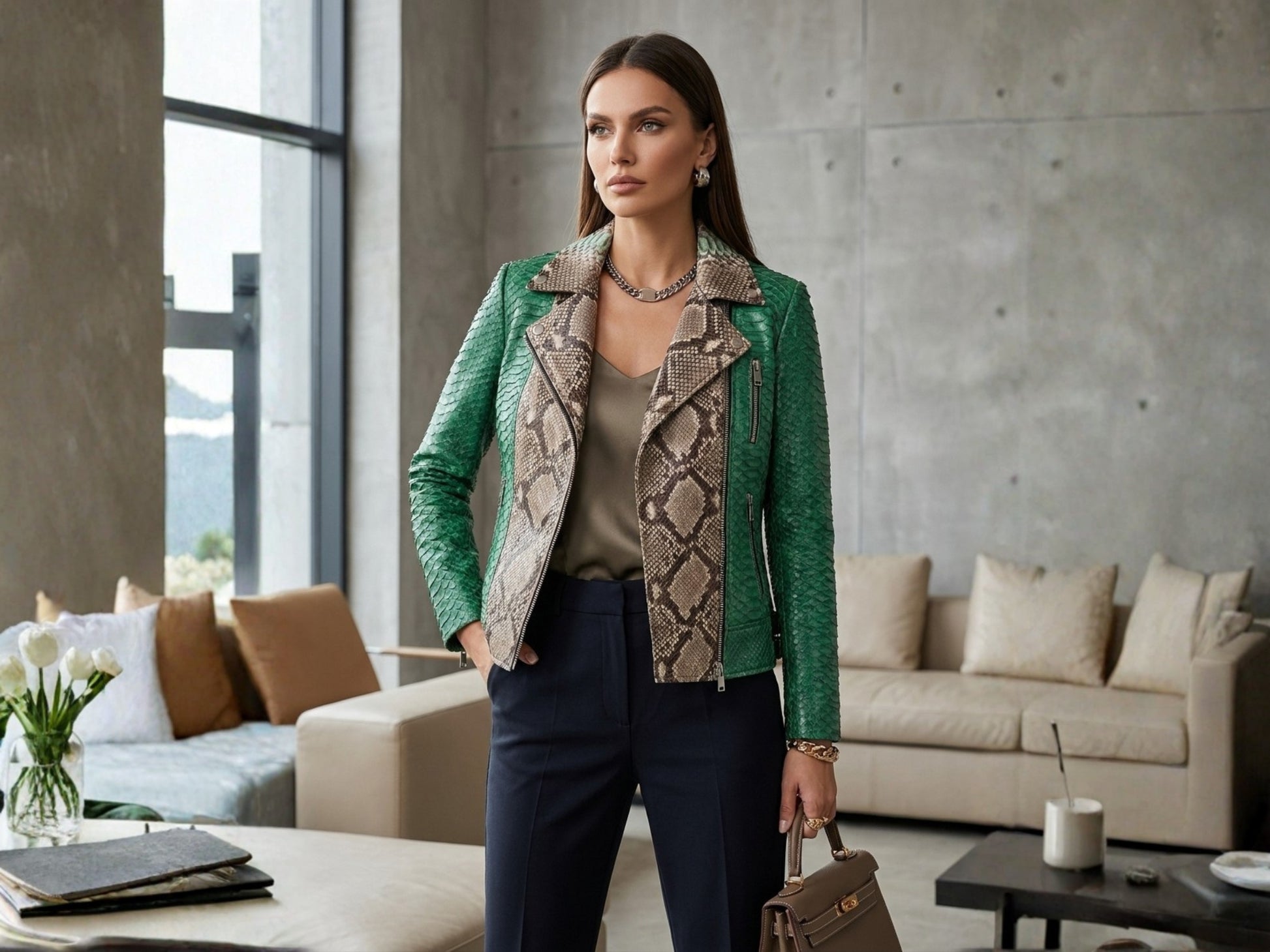 Green Python Snakeskin Leather Jacket