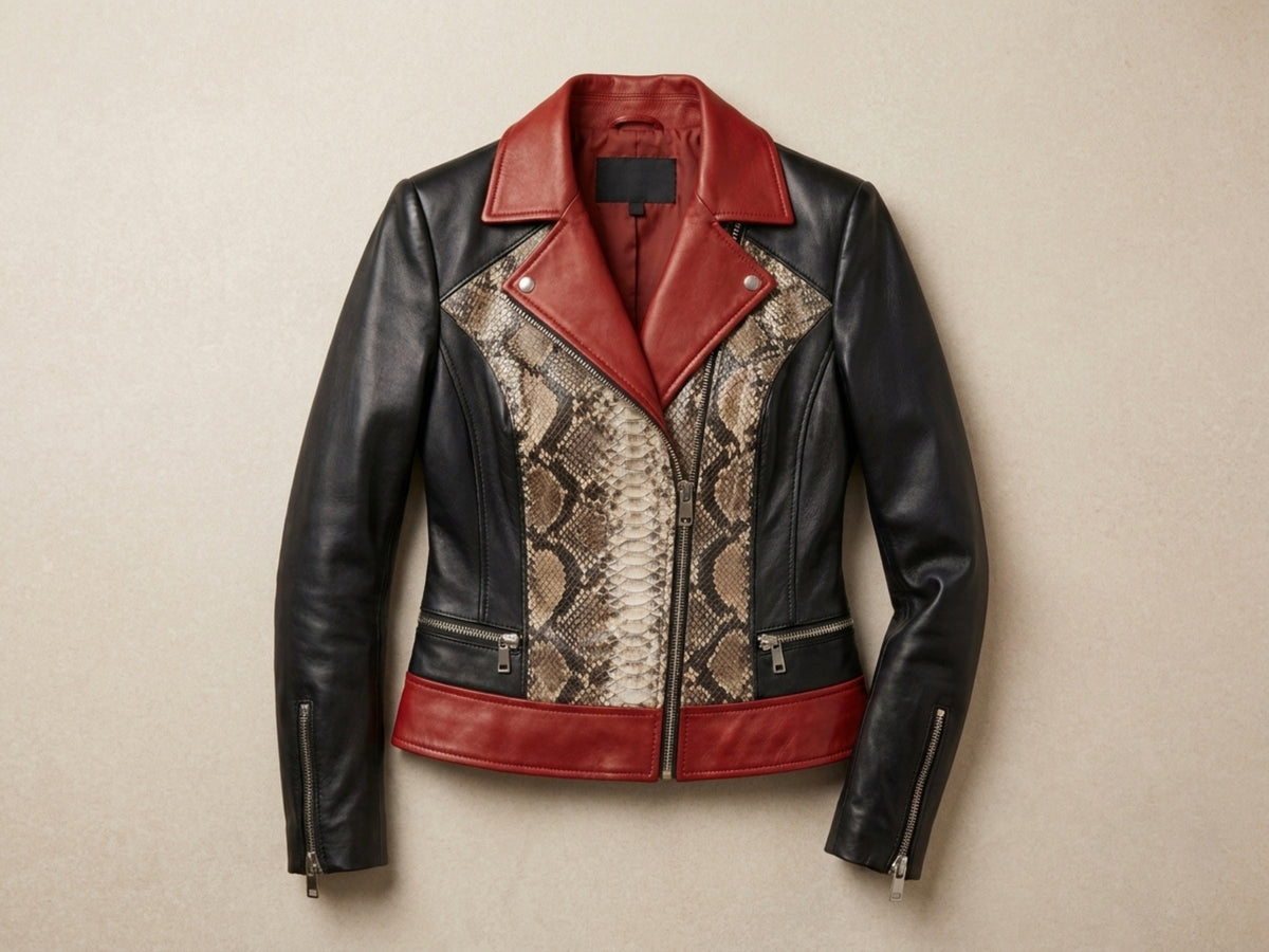 Genuine Python Snakeskin Lambskin Biker Leather Jacket: Red Accents