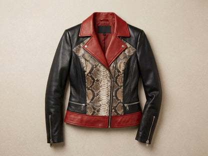 Genuine Python Snakeskin Lambskin Biker Leather Jacket: Red Accents
