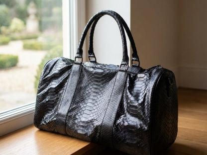 Luxury Genuine Python Snakeskin Leather Black Travel Weekender Bag