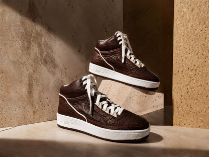Brown Ostrich Skin Leather High-Top Sneakers