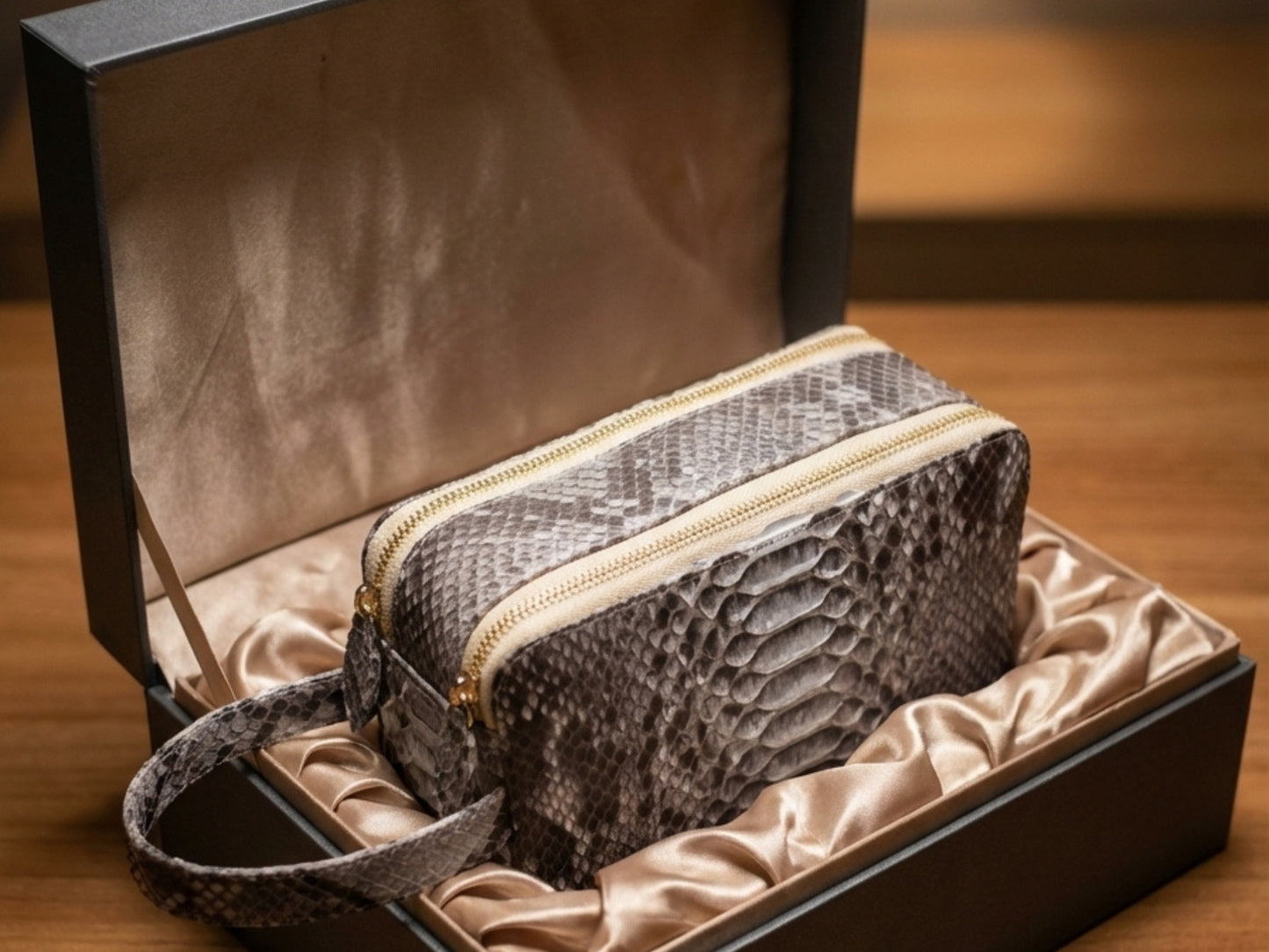 Genuine Python Snakeskin Leather Bag: Double Zipper Travel Case
