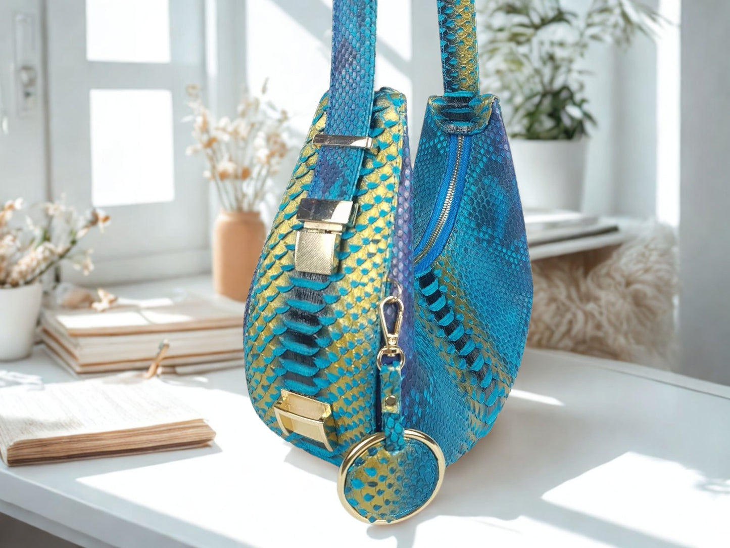 Half Moon Snakeskin Purse - turquoise color  on side view