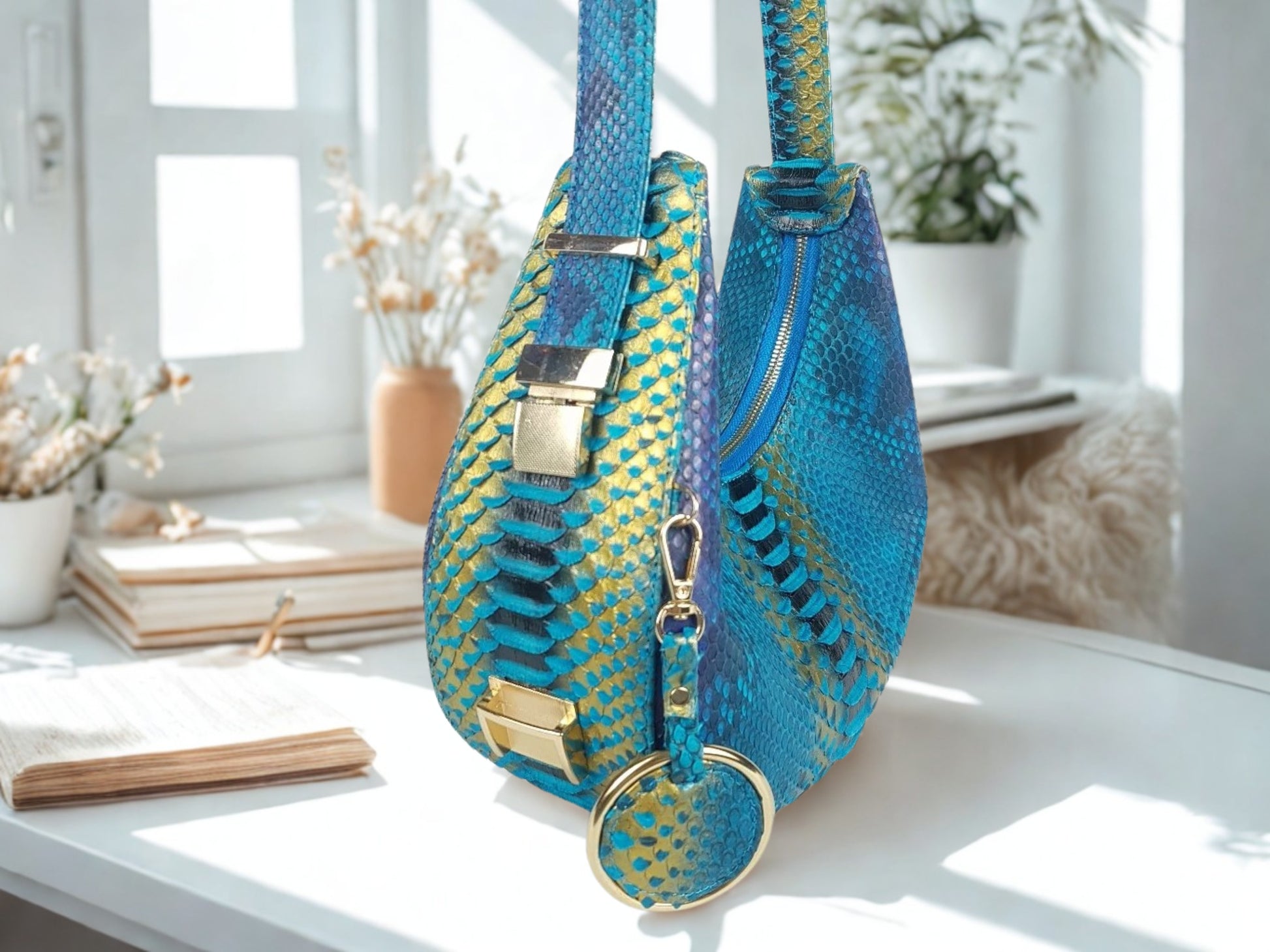 Half Moon Snakeskin Purse - turquoise color  on side view