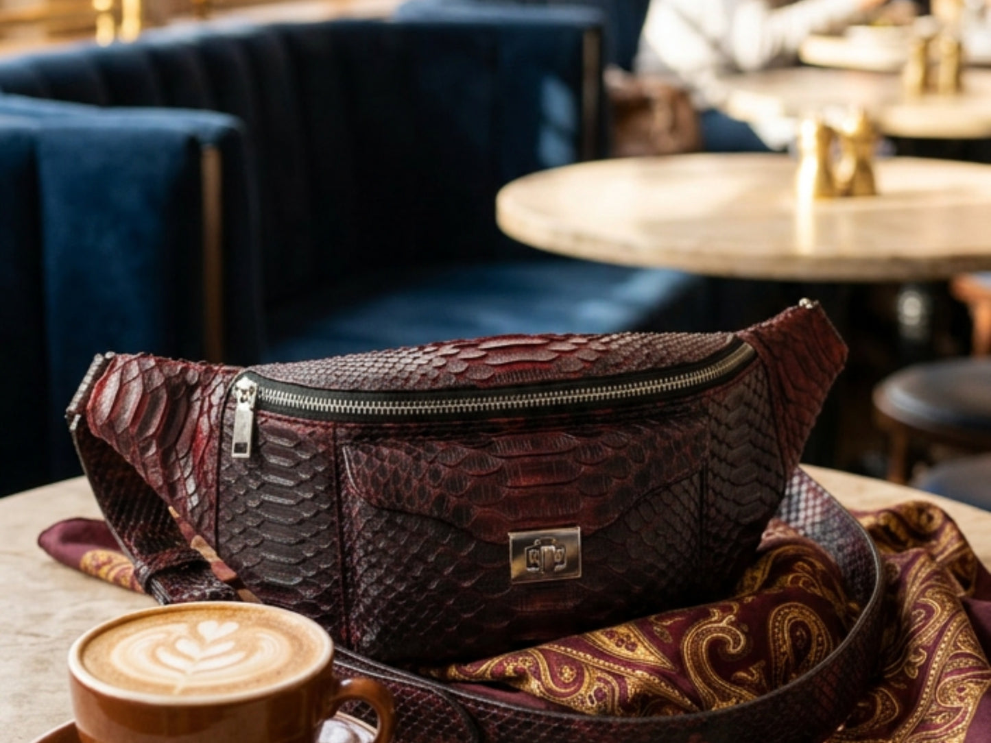 Genuine Python Snakeskin Waist Bag: Black Gradation Red Exotic Leather Fanny Pack
