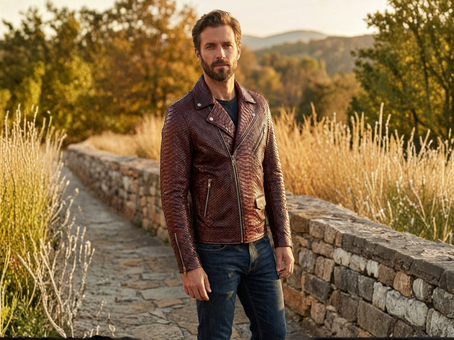 Genuine Python Snakeskin Leather Biker Jacket: Luxury Burgundy Exotic Motorcycle Jacket for Men