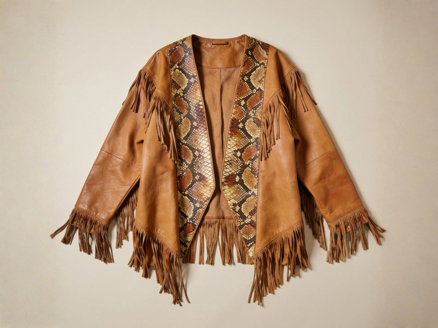 Brown Snakeskin Fringe Leather Jacket