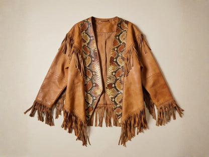 Brown Snakeskin Fringe Leather Jacket