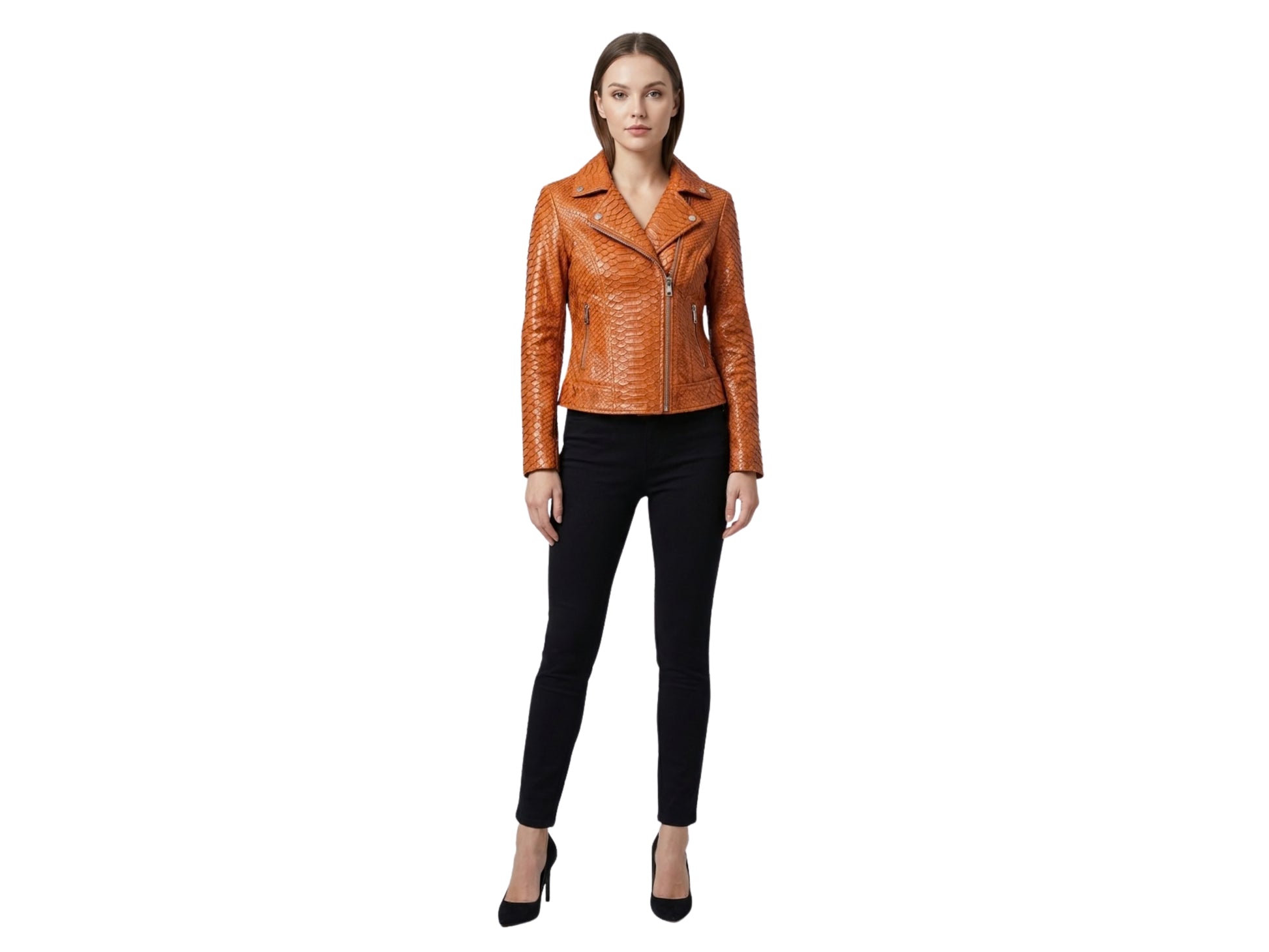 Genuine Python Snakeskin Leather Biker Jacket in Burnt Orange worn by a model with black pants and heels.