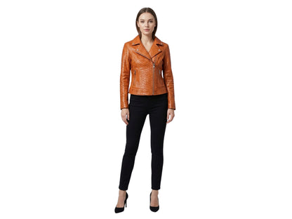 Genuine Python Snakeskin Leather Biker Jacket in Burnt Orange worn by a model with black pants and heels.