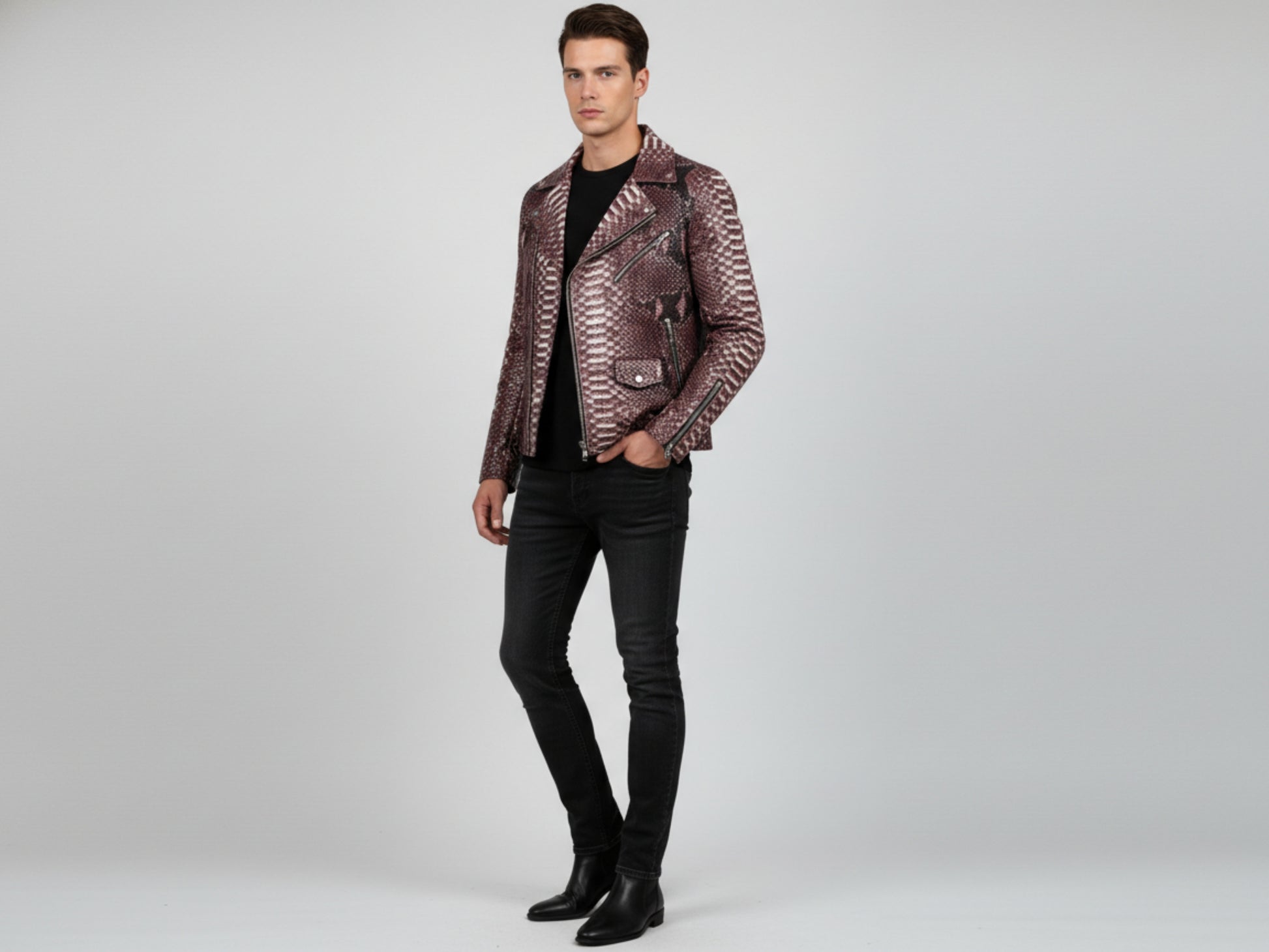 Genuine Python Snakeskin Leather Biker Jacket: Gradient Burgundy Exotic Motorcycle Jacket