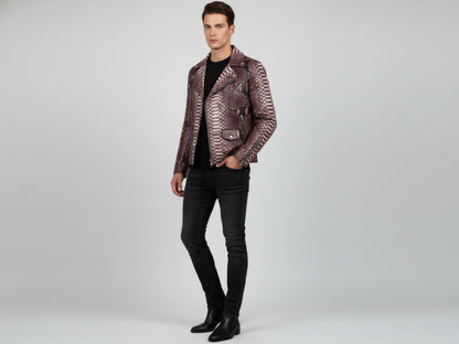 Genuine Python Snakeskin Leather Biker Jacket: Gradient Burgundy Exotic Motorcycle Jacket