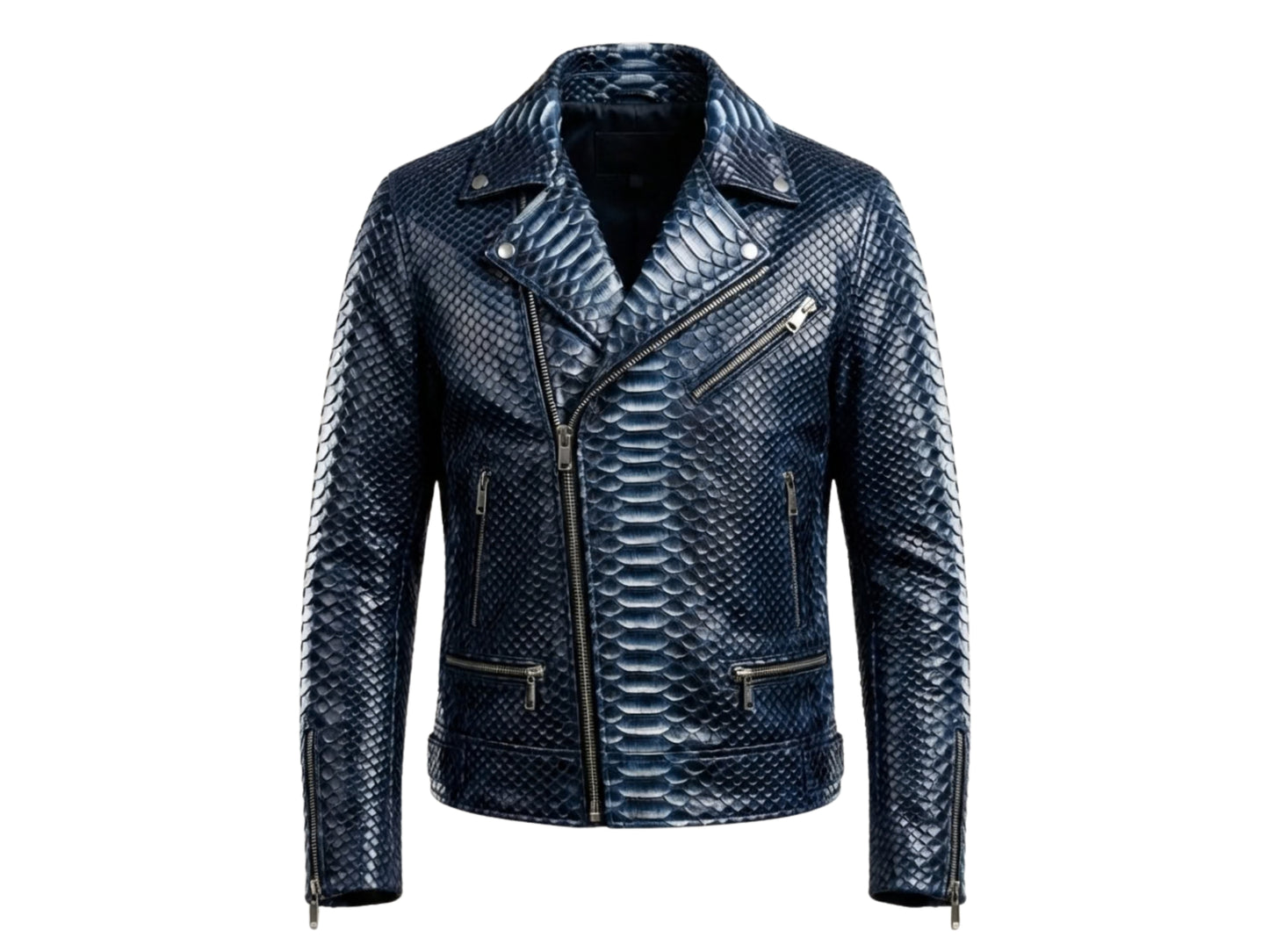 Genuine Python Snakeskin Biker Jacket: Blue Exotic Leather Motorcycle Jacket