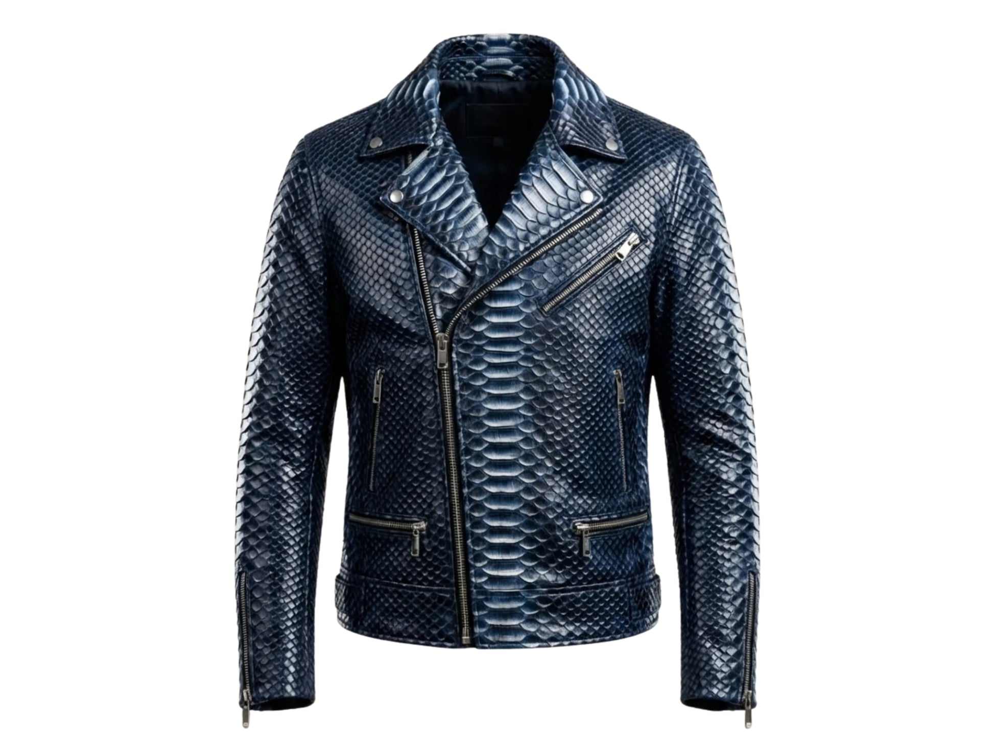 Genuine Python Snakeskin Biker Jacket: Blue Exotic Leather Motorcycle Jacket