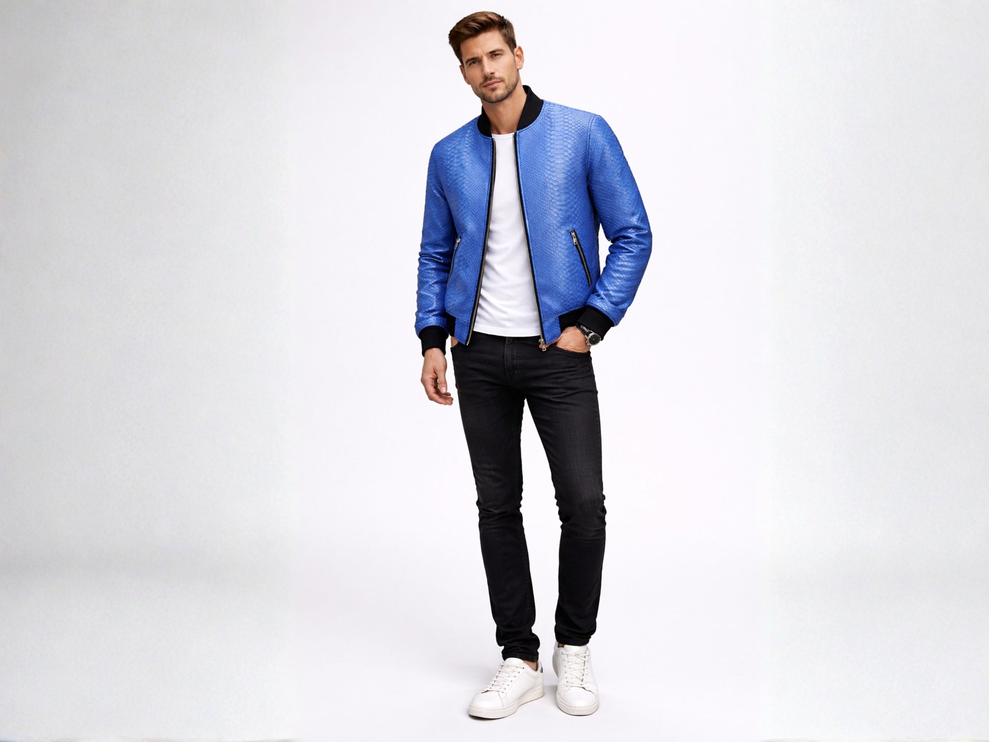 Blue Python Snakeskin Bomber Jacket