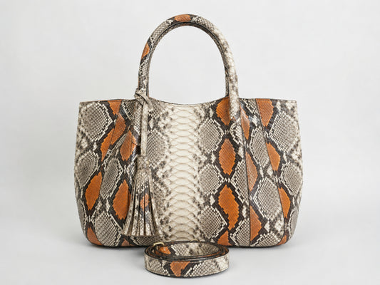 Orange Python Snakeskin Tote Leather Bag
