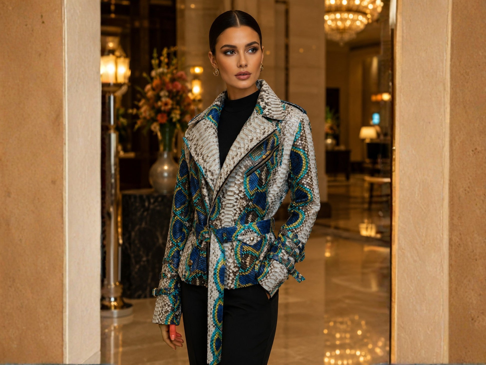 Python Snakeskin Leather Jacket - Blue Ivory