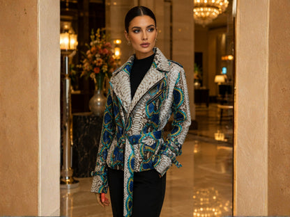 Python Snakeskin Leather Jacket - Blue Ivory