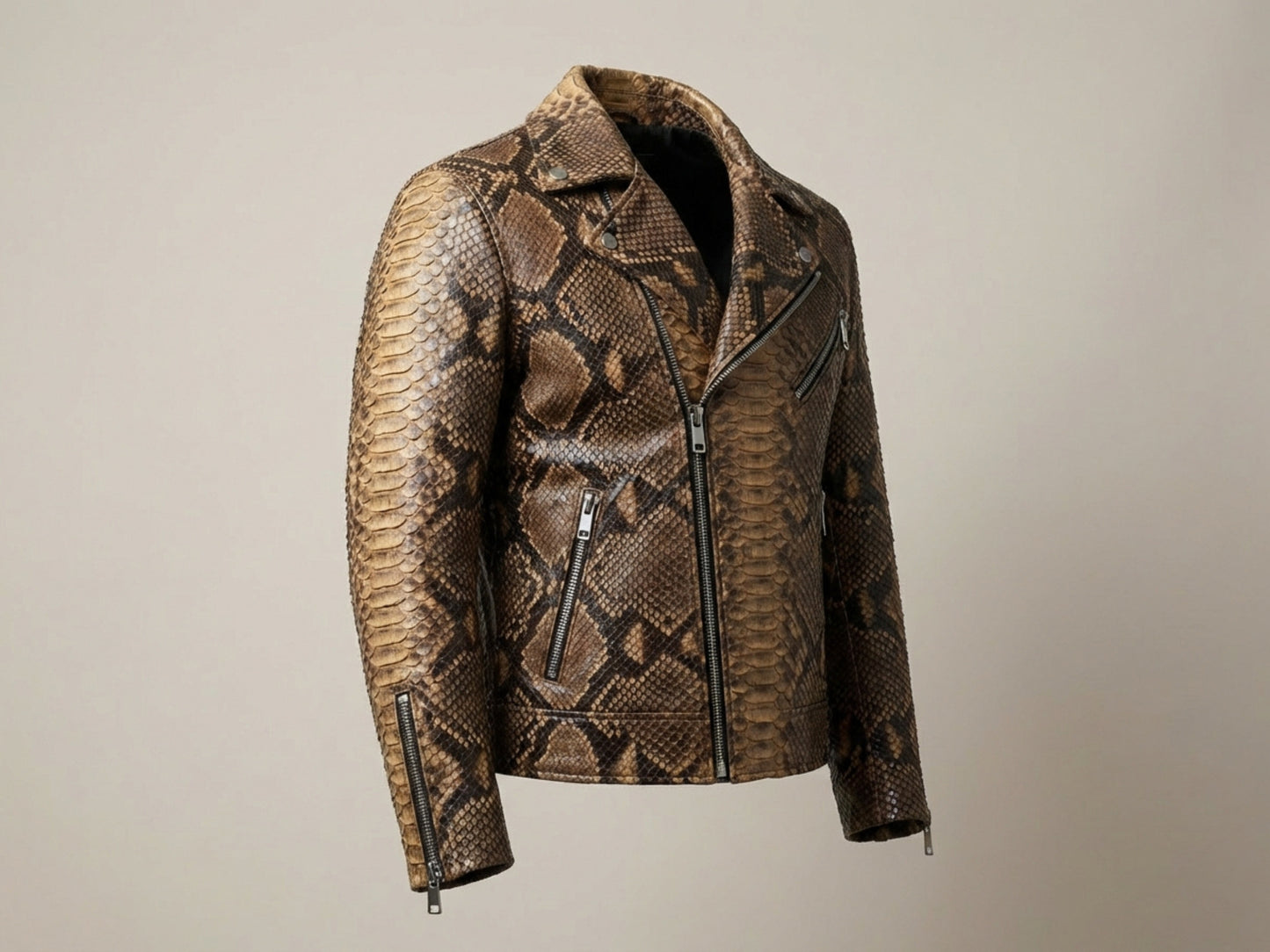 Genuine Python Snakeskin Leather Biker Jacket: Natural Brown Exotic Motorcycle Jacket