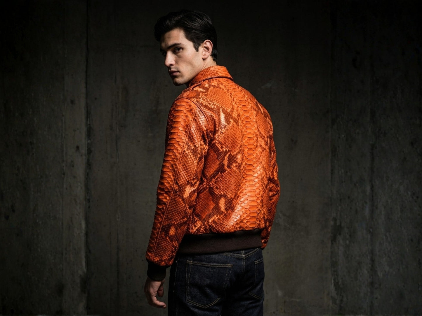 Flame Orange Python Snakeskin Bomber Jacket