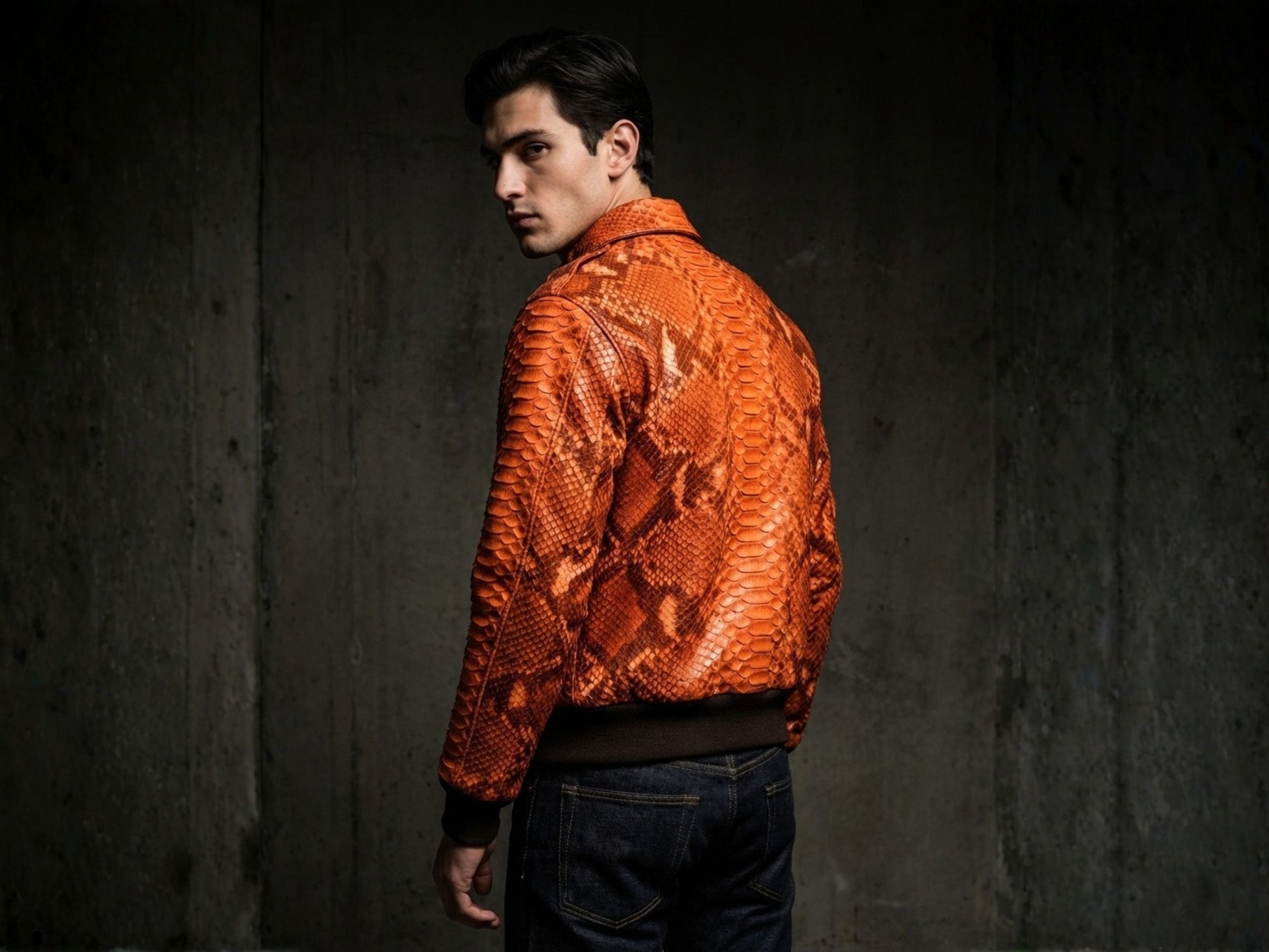 Flame Orange Python Snakeskin Bomber Jacket