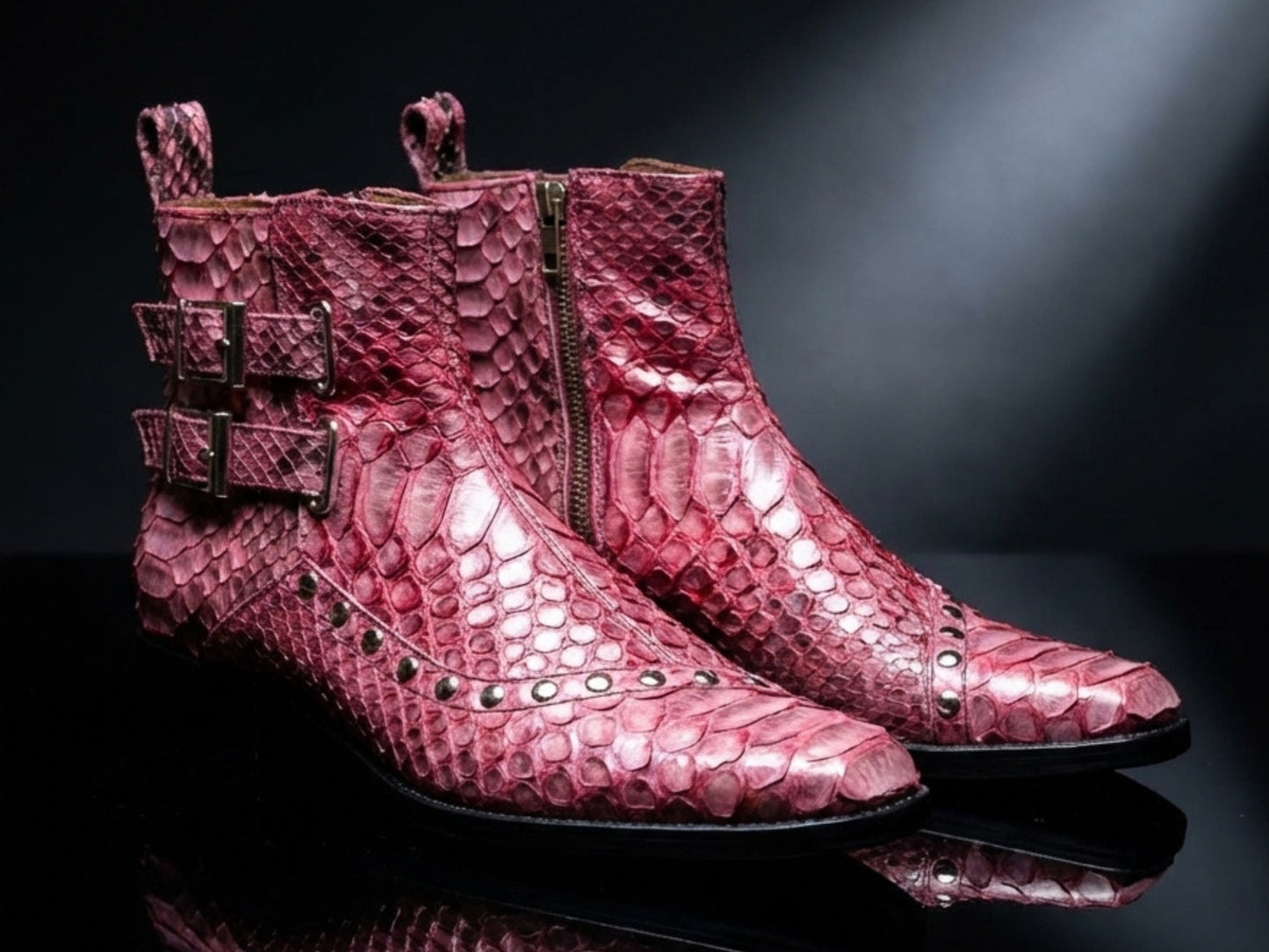 Genuine Python Snakeskin Boots | Unisex Exotic Leather Ankle Boots with Buckle & Stud Design