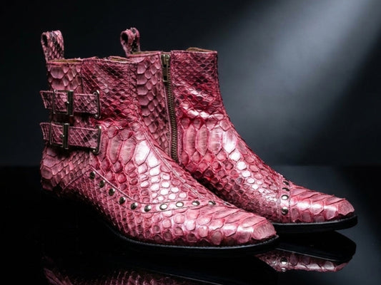 Genuine Python Snakeskin Boots | Unisex Exotic Leather Ankle Boots with Buckle & Stud Design