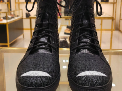 Genuine Python & Stingray Leather Boots: Black Exotic Snakeskin Unisex Combat Boots
