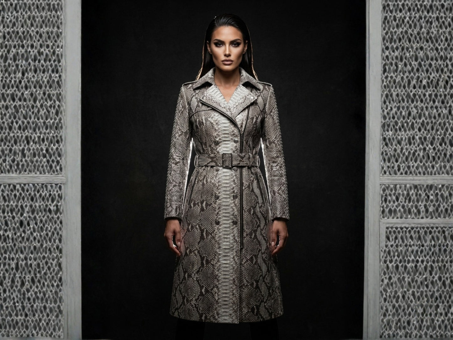 Gray Python Snakeskin Women Trench Coat
