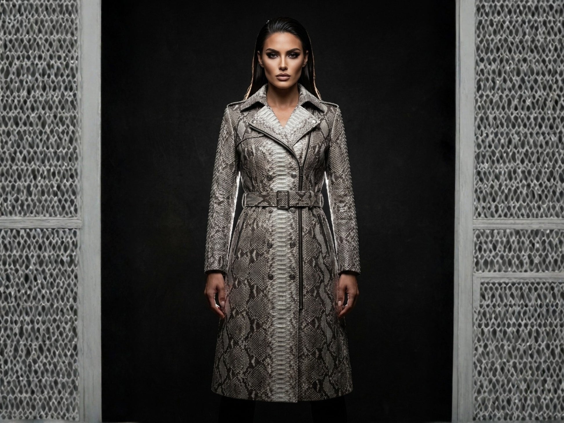 Gray Python Snakeskin Women Trench Coat