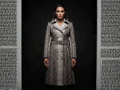 Gray Python Snakeskin Women Trench Coat