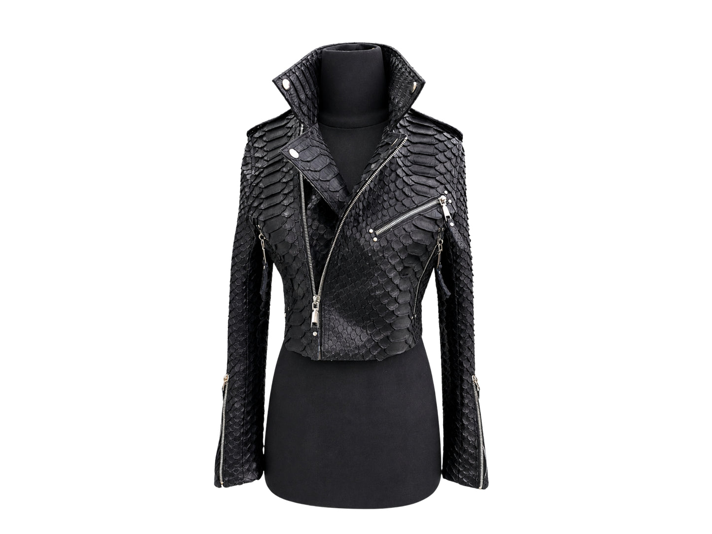 Black textured biker jacket with a raised scale pattern, displayed on a black mannequin torso against a plain white background.