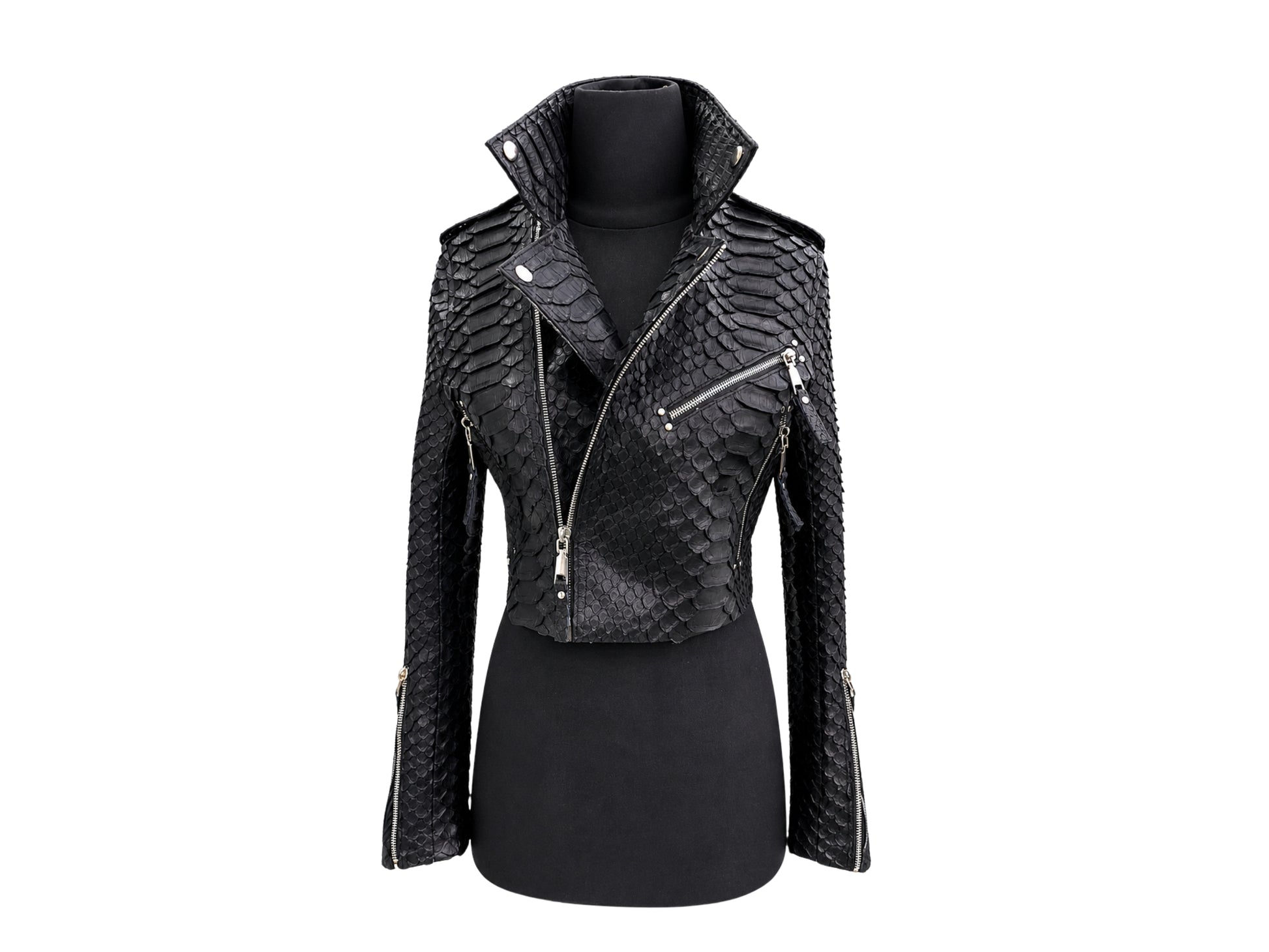 Black textured biker jacket with a raised scale pattern, displayed on a black mannequin torso against a plain white background.