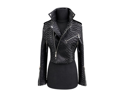 Black textured biker jacket with a raised scale pattern, displayed on a black mannequin torso against a plain white background.