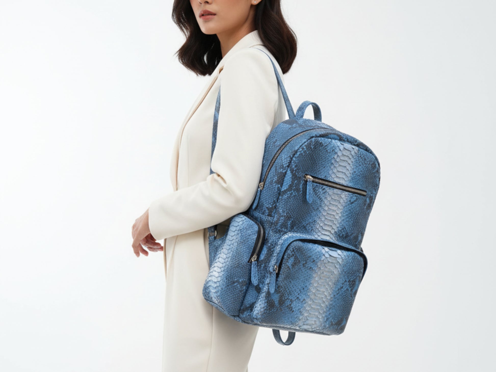 Metallic Blue Genuine Python Snakeskin Backpack: Convertible Laptop Backpacks