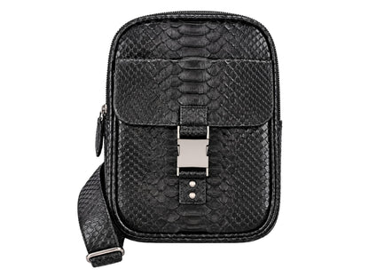 Black python-textured leather crossbody bag with a front flap, silver-tone buckle, and matching shoulder strap, shown on a plain white background.
