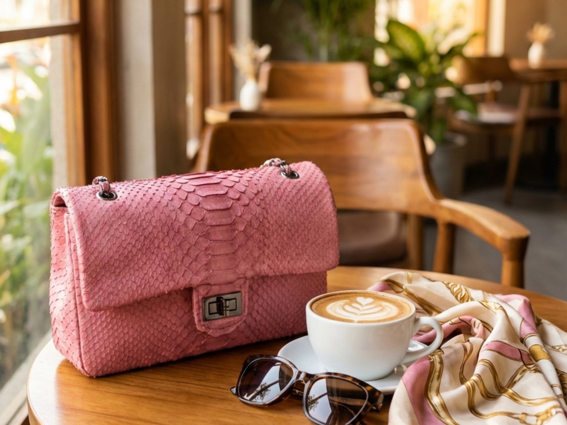 Pink Snakeskin Chain Strap Purse | Genuine Python Shoulder Leather Bag