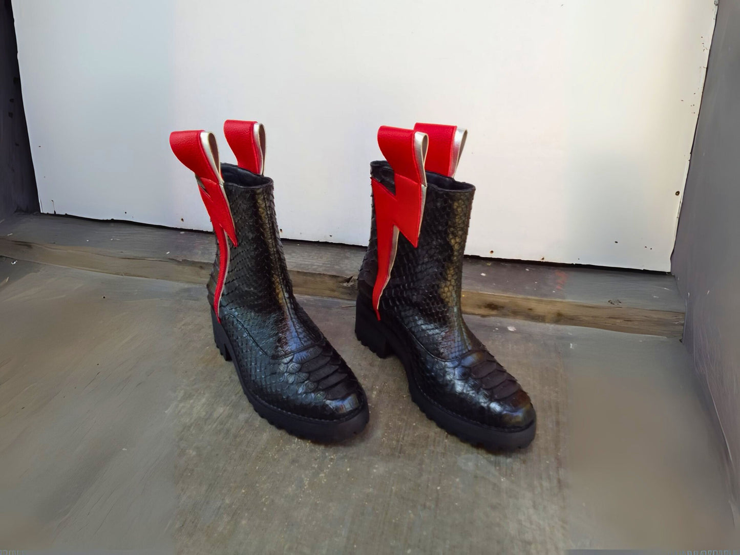 Genuine Python Snakeskin Boots with Red Lightning Bolt