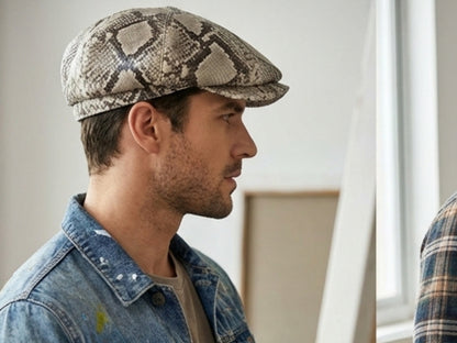 Gray Snakeskin Leather Newsboy Caps