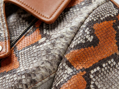 Python Snakeskin Biker Leather Jacket: Multi-Color Orange
