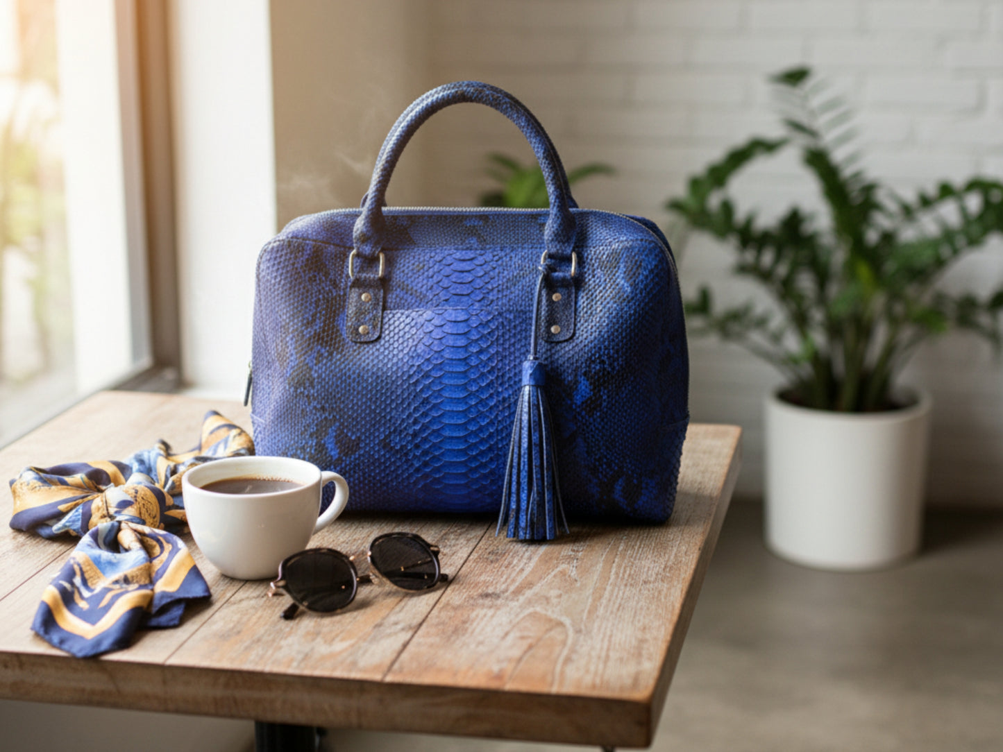 Blue textured handbag with tassel on a wooden table with a cup, sunglasses, and scarf.