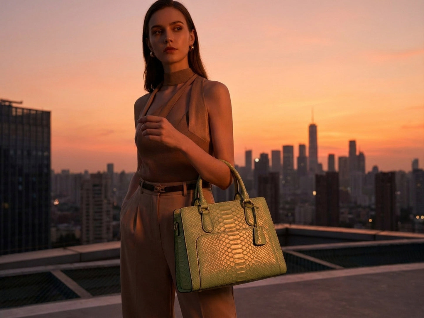 Light Green Python Snakeskin Leather Satchel Tote