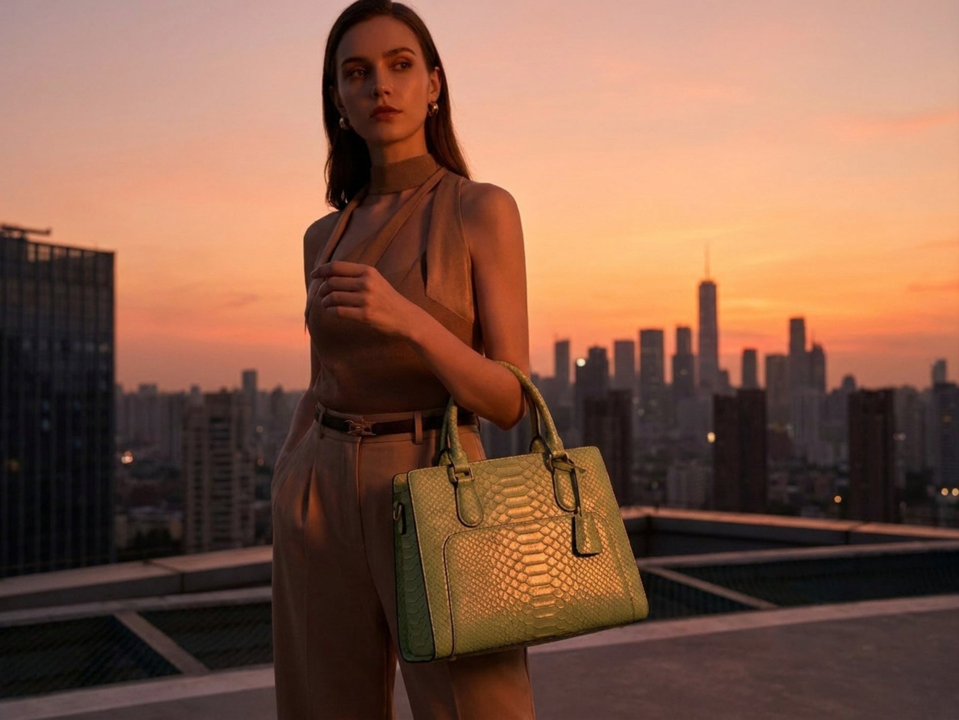 Light Green Python Snakeskin Leather Satchel Tote