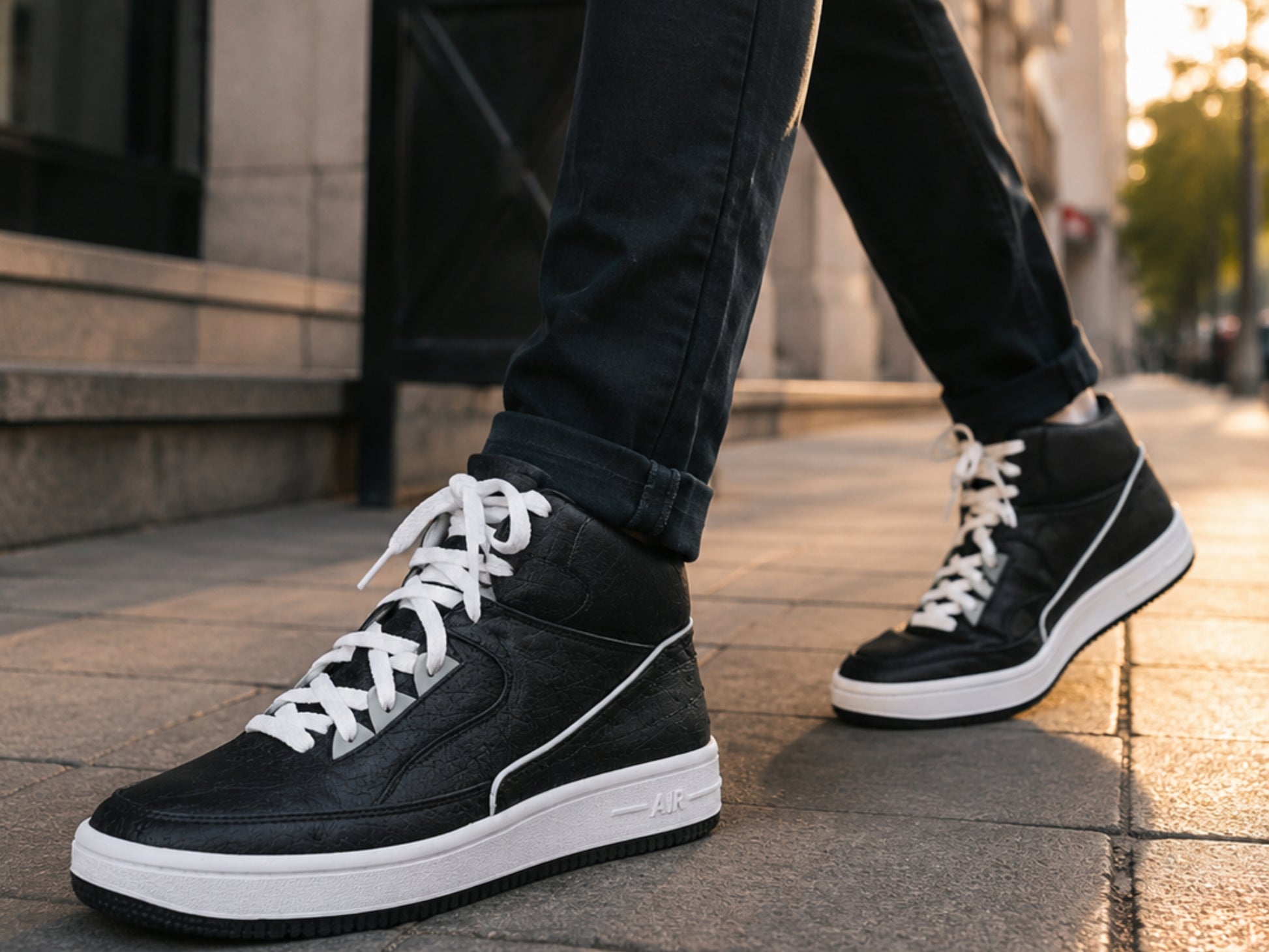 Black Ostrich Skin Leather High-Top Sneakers