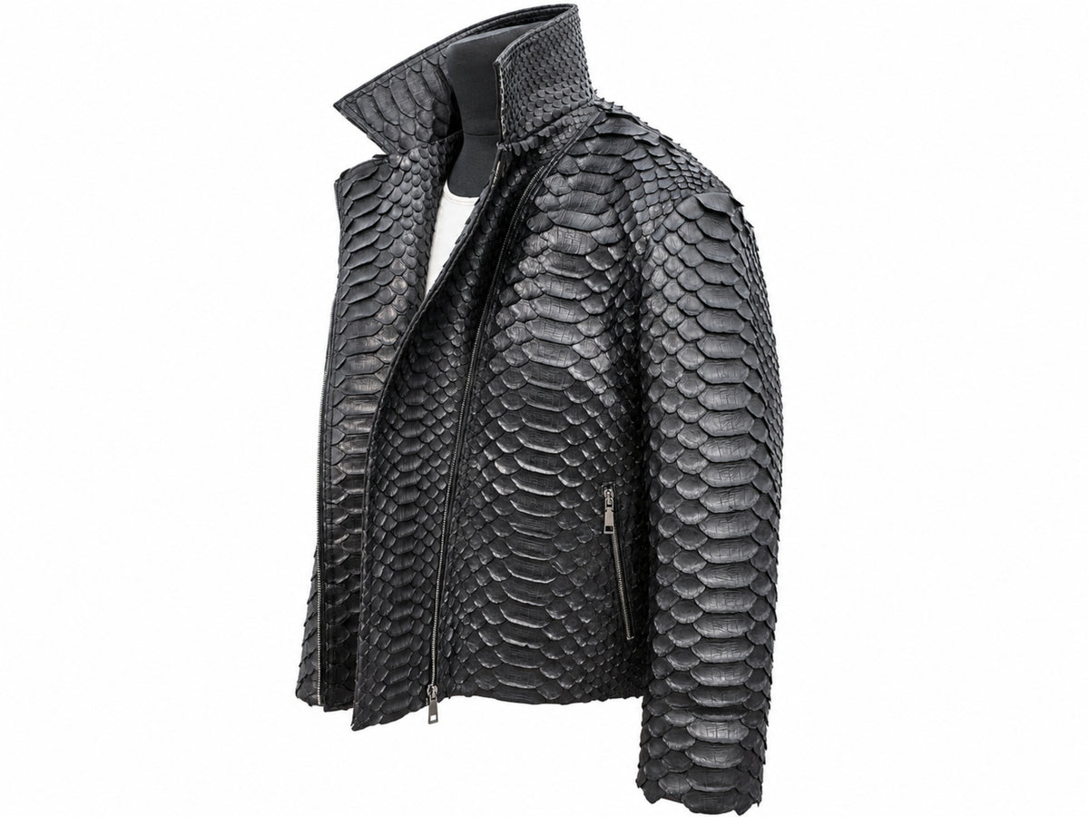 Genuine Python Snakeskin Motorcycle Jacket | Black King Scales